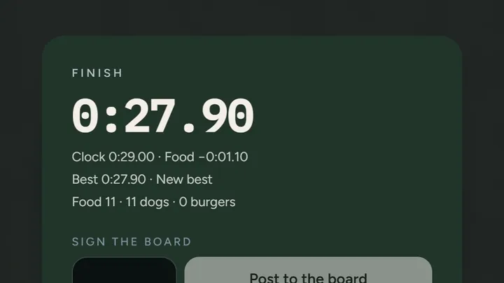 The finish card with the time and the food eaten