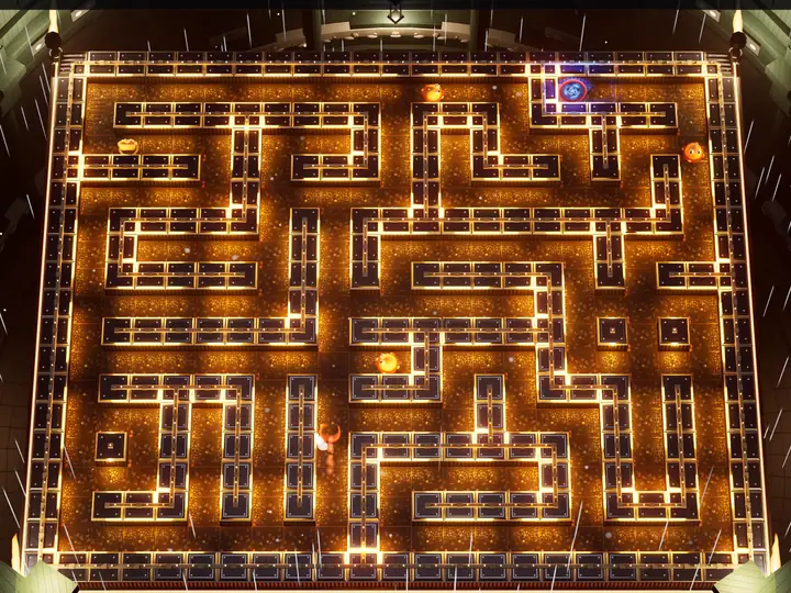 The 1917 maze, amber walls under gaslight