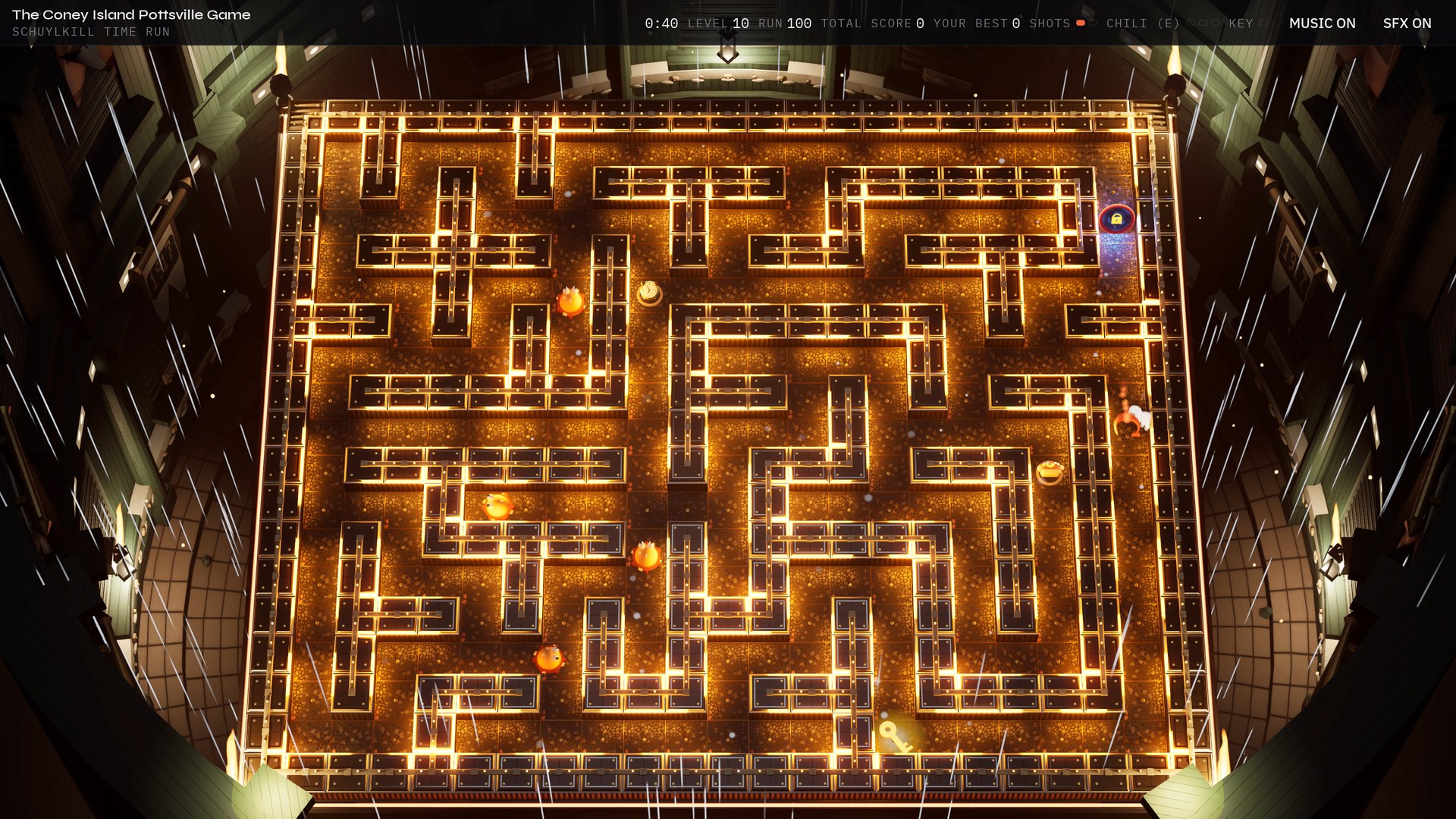 The 1917 maze from above: Coney takes the golden key and runs for the portal.
