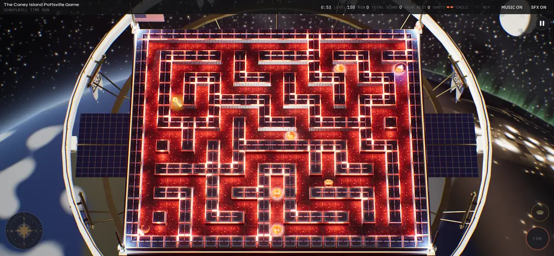Level 150 on a space station, the Earth turning below the maze